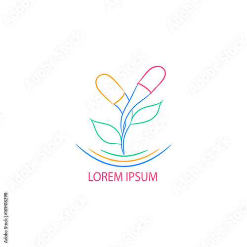 Logo herbal pills, homeopathy logo, natural preparations sign, natural supplements icon, pharmacy, nature treatment, medical capsule with leaves, medicine eco pill. Vector AI10