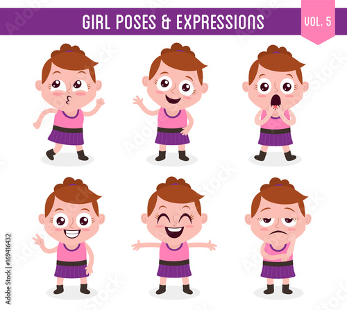 Character design set of a cute white girl in different poses. Cartoon style illustration, isolated on white background. Body gestures and facial expressions. Vector illustration. Set 5 of 8.