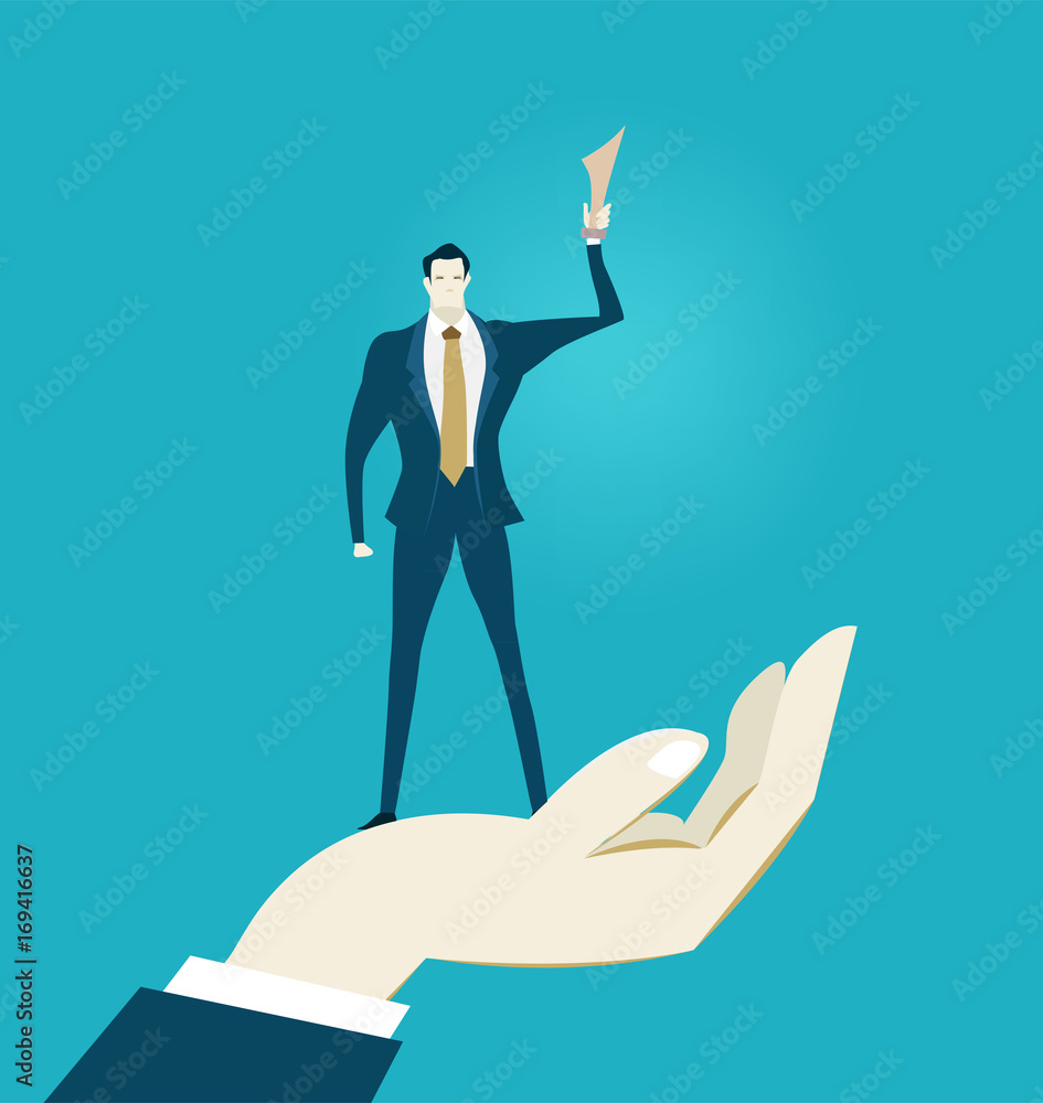 Human hands holding businessmen with golden trophy representing control, support and coordination. Concept illustration 