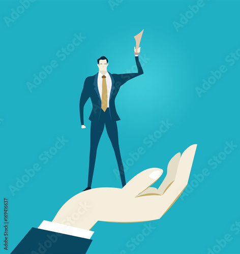 Human hands holding businessmen with golden trophy representing control, support and coordination. Concept illustration  photo