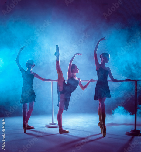 The young ballerinas stretching on the bar photo