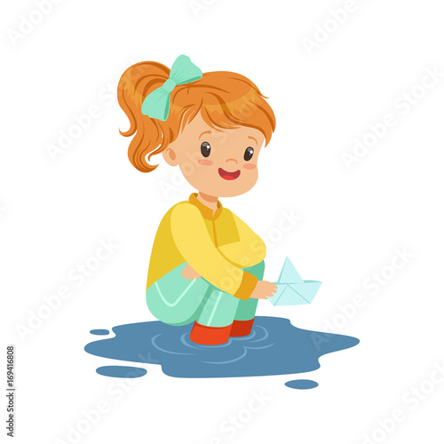 Sweet little girl playing with paper boat in a water puddle cartoon vector Illustration