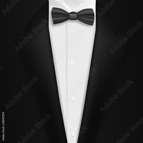 Illustration of Vector Realistic Black Suit. Photorealistic 3D Mens Elegant Tuxedo Suit with Bow Tie