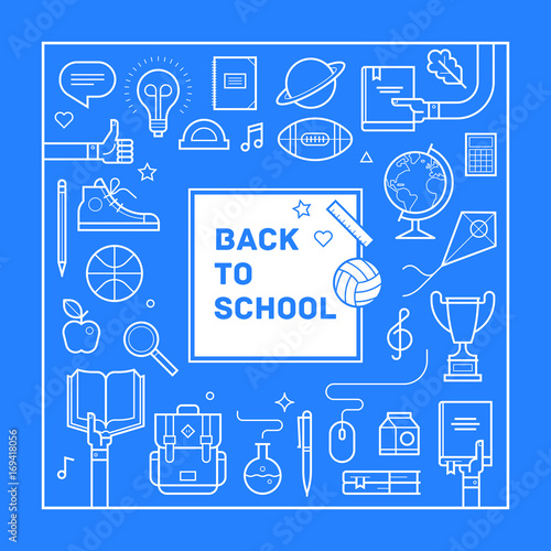 Back to school poster or invitation design in trendy linear style. Set of different school supplies. Vector illustration.