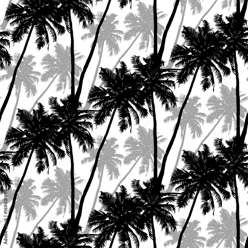 Fototapeta premium Seamless monochrome tropical pattern of palm trees. Black and white background for a Hawaiian shirt.
