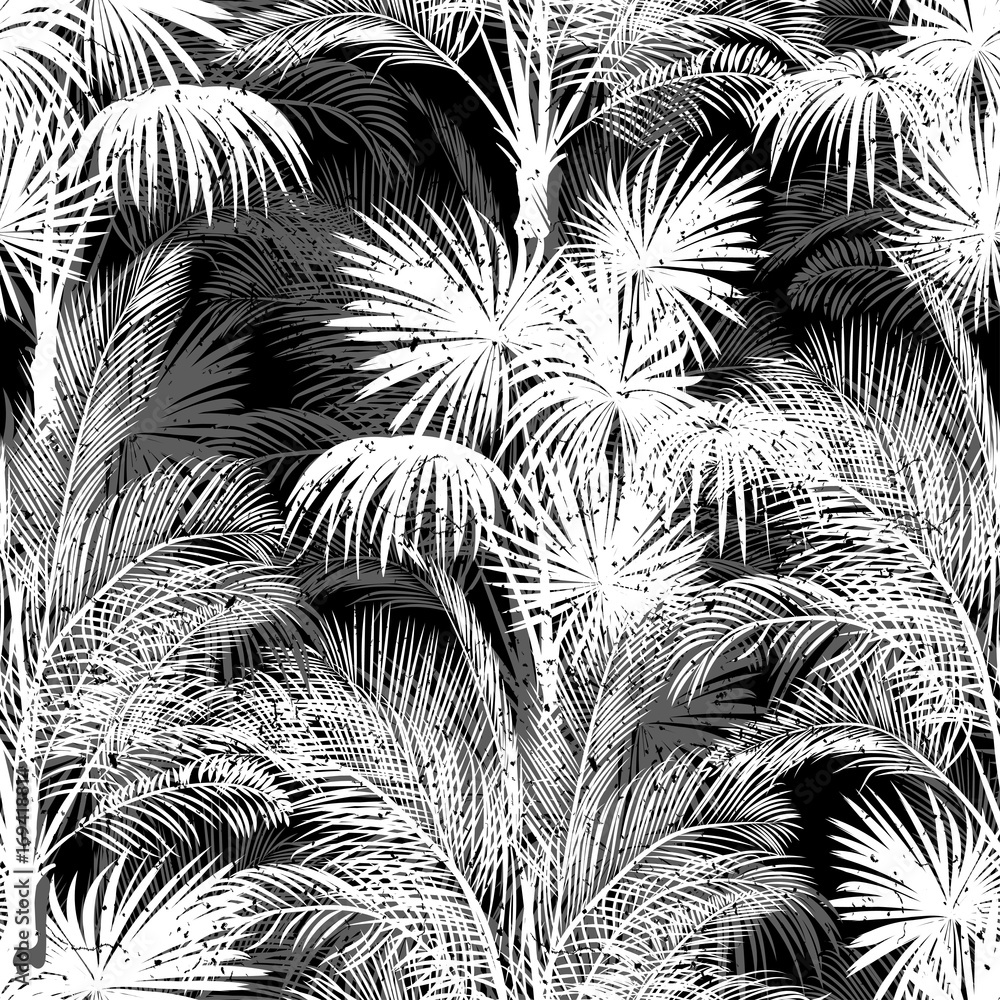 Seamless monochrome tropical pattern of palm trees. Black and white ...