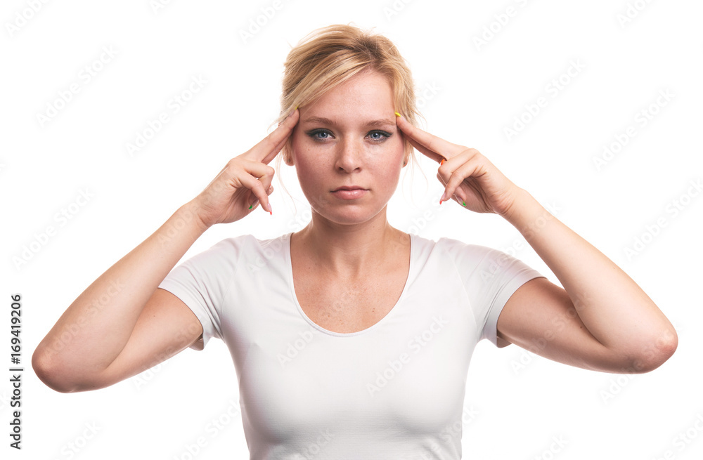 Pretty young blonde woman with freckles thinking Pretty young blonde woman with freckles thinking