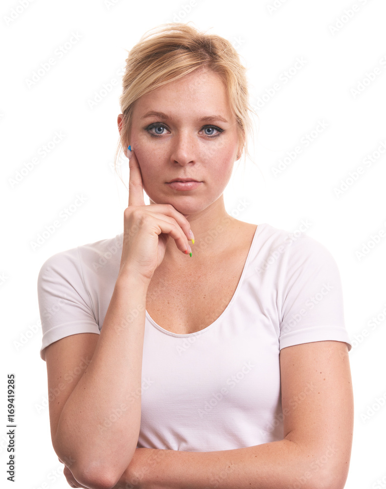 Cute girl with freckles and natural make-up thinking. Cute girl with freckles and natural make-up thinking.