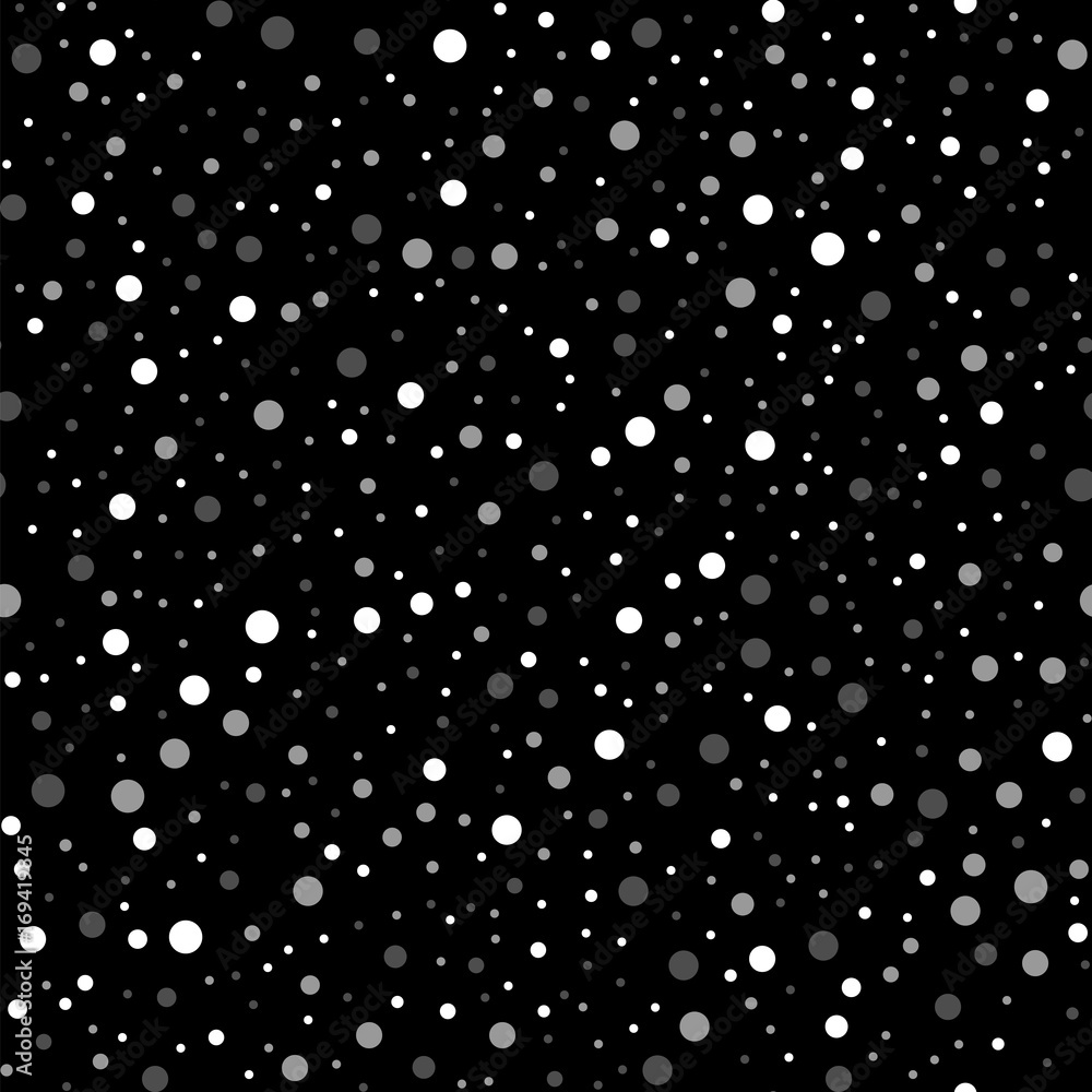 White polka dots seamless pattern on black background. Uncommon classic white polka dots textile pattern in restrained colours. Seamless scattered confetti fall chaotic decor. Vector illustration.