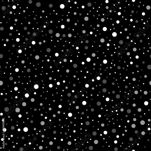 White polka dots seamless pattern on black background. Uncommon classic white polka dots textile pattern in restrained colours. Seamless scattered confetti fall chaotic decor. Vector illustration.
