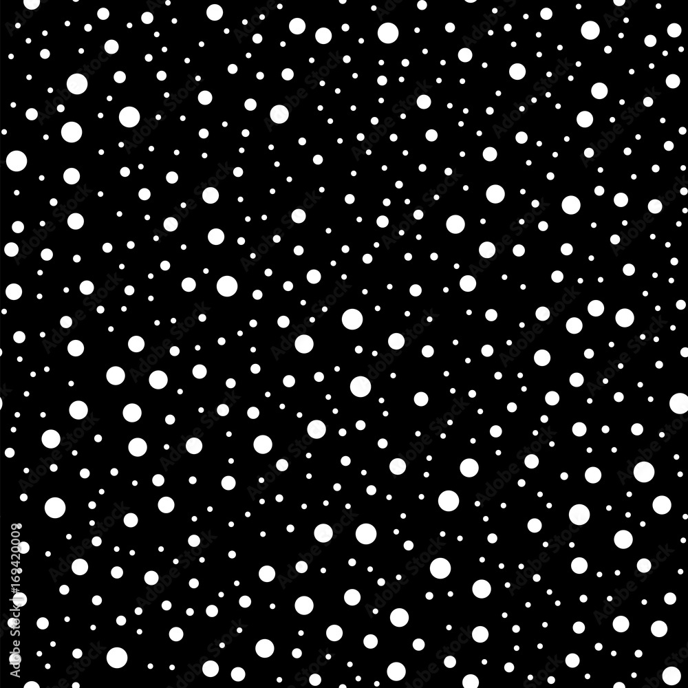 White polka dots seamless pattern on black background. Rare classic white polka dots textile pattern in restrained colours. Seamless scattered confetti fall chaotic decor. Vector illustration. White polka dots seamless pattern on black background. Rare classic white polka dots textile pattern in restrained colours. Seamless scattered confetti fall chaotic decor. Vector illustration.