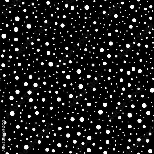 White polka dots seamless pattern on black background. Rare classic white polka dots textile pattern in restrained colours. Seamless scattered confetti fall chaotic decor. Vector illustration.