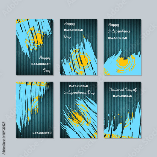 Kazakhstan Patriotic Cards for National Day. Expressive Brush Stroke in National Flag Colors on dark striped background. Kazakhstan Patriotic Vector Greeting Card.