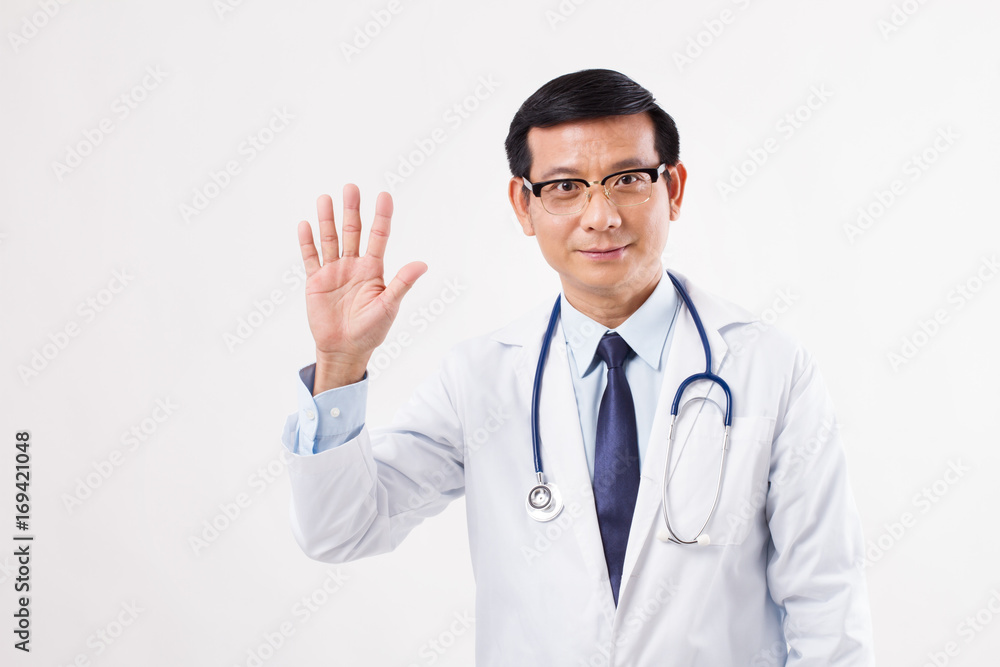 confident asian male doctor pointing up 5 fingers confident asian male doctor pointing up 5 fingers