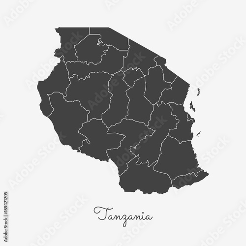 Tanzania region map: grey outline on white background. Detailed map of Tanzania regions. Vector illustration.