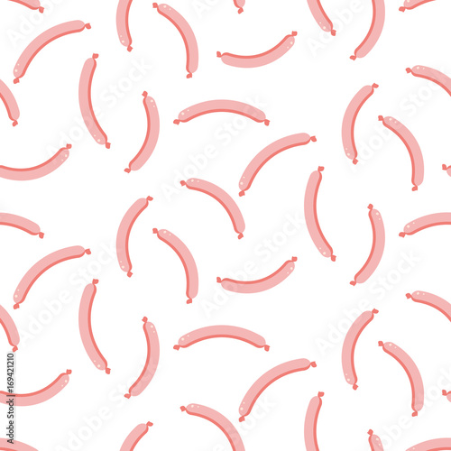 Cute cartoon sausages seamless vector pattern. Pink meat red-hots on white background for package paper bags.