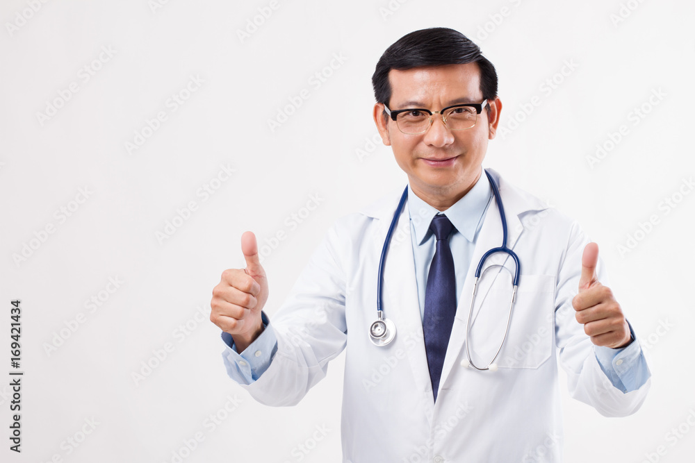 asian doctor showing two thumbs up gesture, yes, good, approval concept asian doctor showing two thumbs up gesture, yes, good, approval concept