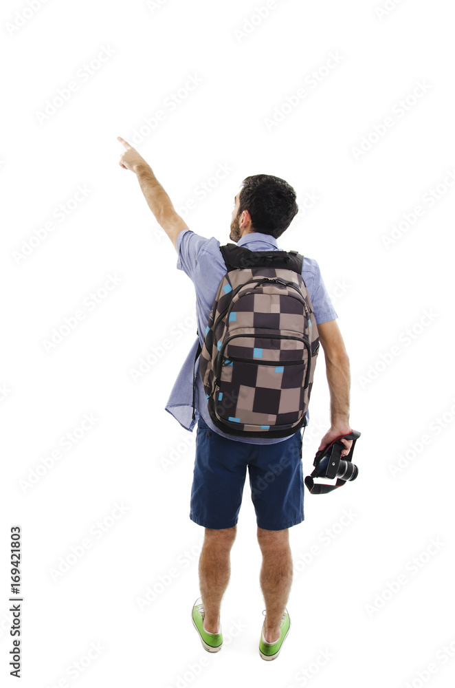 Back view of pointing man with suitcase. Backside view of person. Guy with a travel bag on wheels looking at something at the top. Isolated on white background Back view of pointing man with suitcase. Backside view of person. Guy with a travel bag on wheels looking at something at the top. Isolated on white background