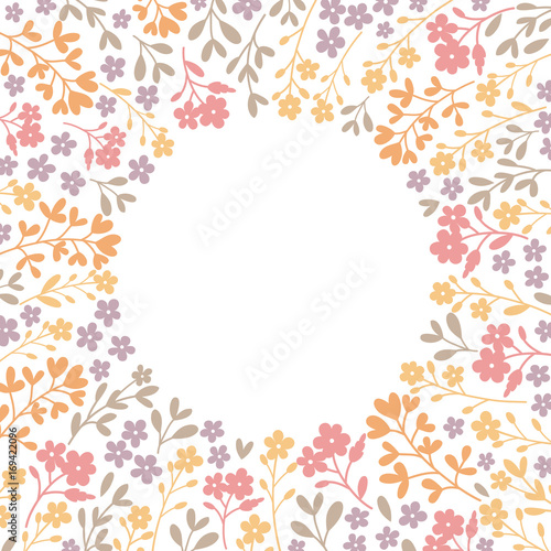 Floral round frame of flowers on white background. Vector illust