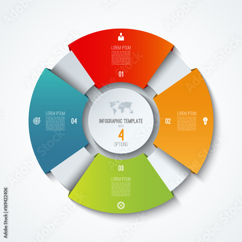 Circle infographic template. Process wheel. Vector pie chart. Business concept with 4 options, parts, steps. Can be used for diagram, graph, chart, step by step infographics, web design