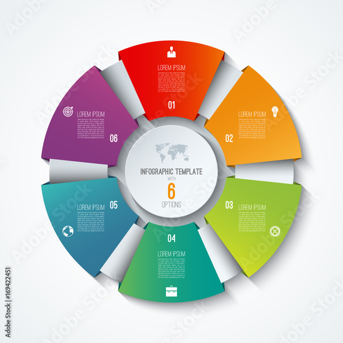 Circle infographic template. Process wheel. Vector pie chart. Business concept with 6 options, parts, steps. Can be used for diagram, graph, chart, step by step infographics, web design