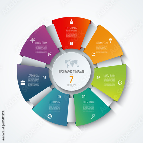 Circle infographic template. Process wheel. Vector pie chart. Business concept with 7 options, parts, steps. Can be used for diagram, graph, chart, step by step infographics, web design