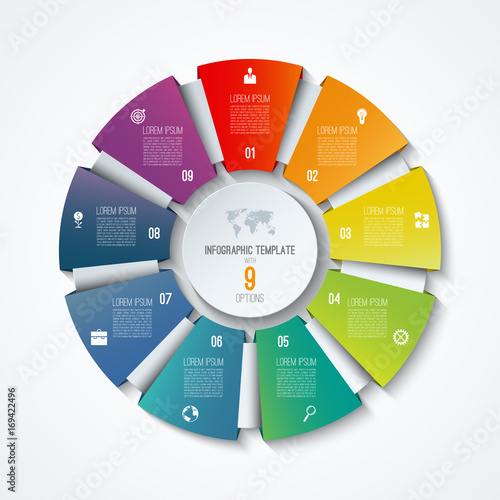 Circle infographic template. Process wheel. Vector pie chart. Business concept with 9 options, parts, steps. Can be used for diagram, graph, chart, step by step infographics, web design
