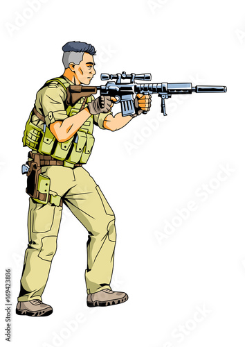 soldier with a sniper rifle,illustration,art,design,logo,color