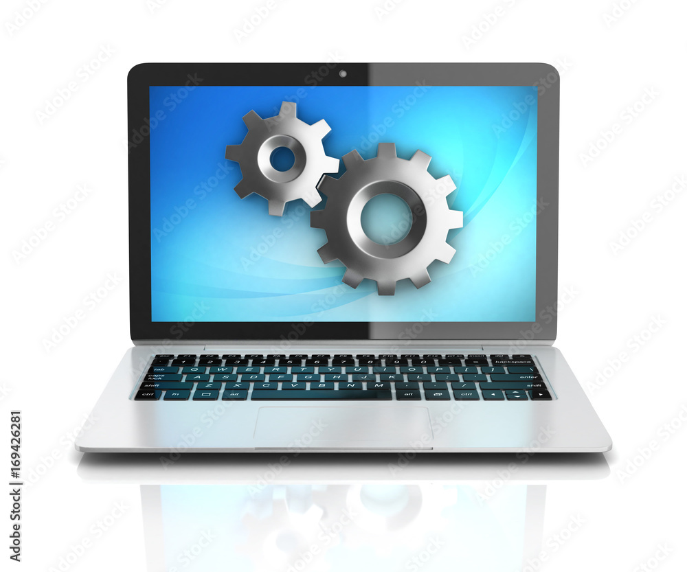 Computer service, laptop with gears 3d rendering Computer service, laptop with gears 3d rendering