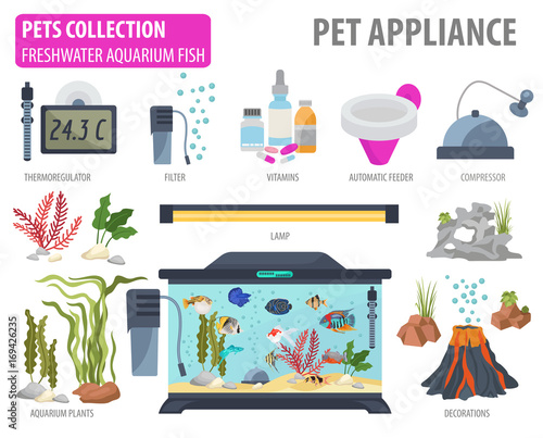 Aquarium appliance icon set flat style isolated on white. Freshwater fish care collection. Create own infographic about pet