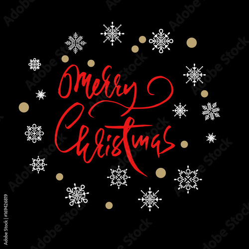 Red handwritten calligraphic inscription Merry Christmas with pattern of gold confetti and snowflakes. Holiday modern dry brush lettering.