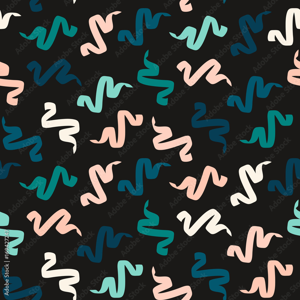 Flying ribbons or curly lines seamless vector pattern. Handmade modern zigzag doodle colorful background for print, textile, or web use. Flying ribbons or curly lines seamless vector pattern. Handmade modern zigzag doodle colorful background for print, textile, or web use.