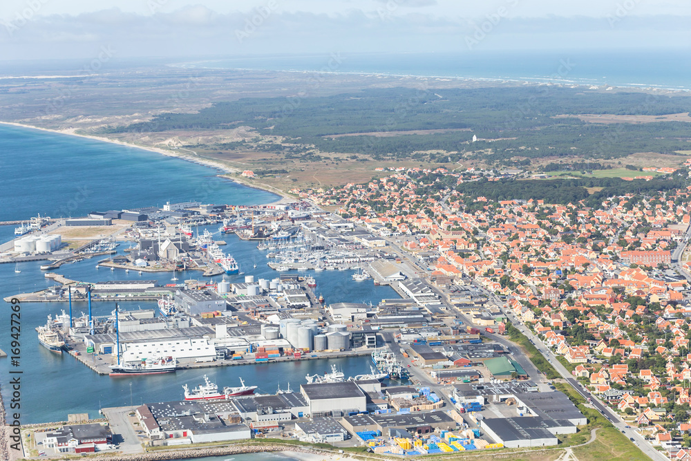 Aerial view of harbour in city of Skagen(Denmark).Aerial view of harbour in city of Skagen,Denmark in a sunny summer day.