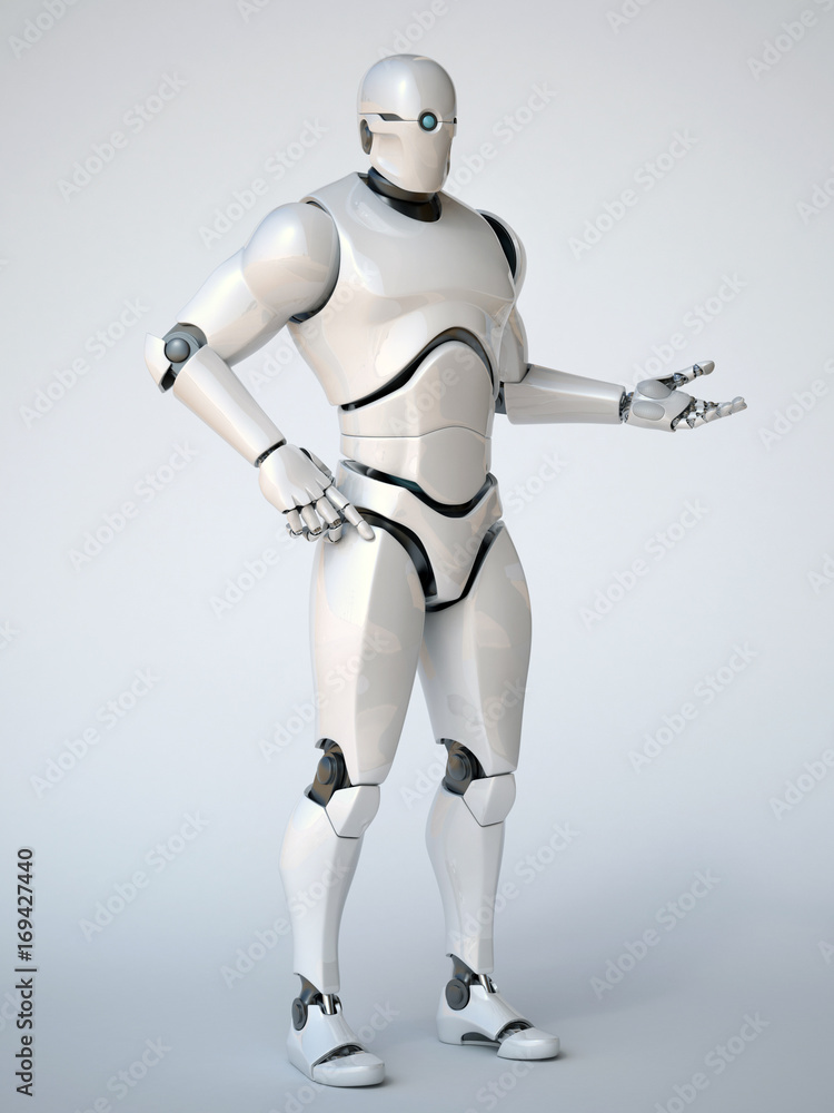 Robot on white background in a holding, pointing or presenting pose 3d  rendering ilustración de Stock | Adobe Stock