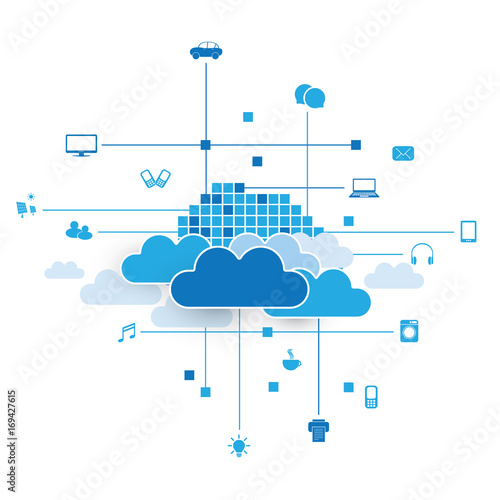 Cloud Computing, Networks Design Concept with Icons Representing Various Kinds of Digital Devices or IoT Services