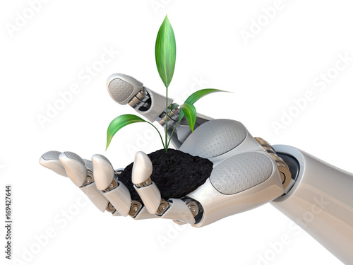 Robot hand holding plant, synthetic life, genetic engineering concept, 3d rendering photo