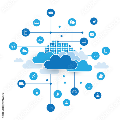 Cloud Computing, Networks Design Concept with Icons Representing Various Kinds of Digital Devices or IoT Services