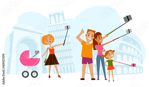 Father, mother and kid making selfie in Italy with Tower of Pisa and Coliseum of Rome on background, flat style cartoon vector illustration. Family making selfie with many phones on vacation in Italy