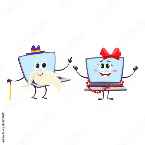 vector flat cartoon funny laptop humanized female girl character with wearing red bow, beards smiling, old mal with beard, mustache and hat, keeping cane. Isolated illustration on a white background.