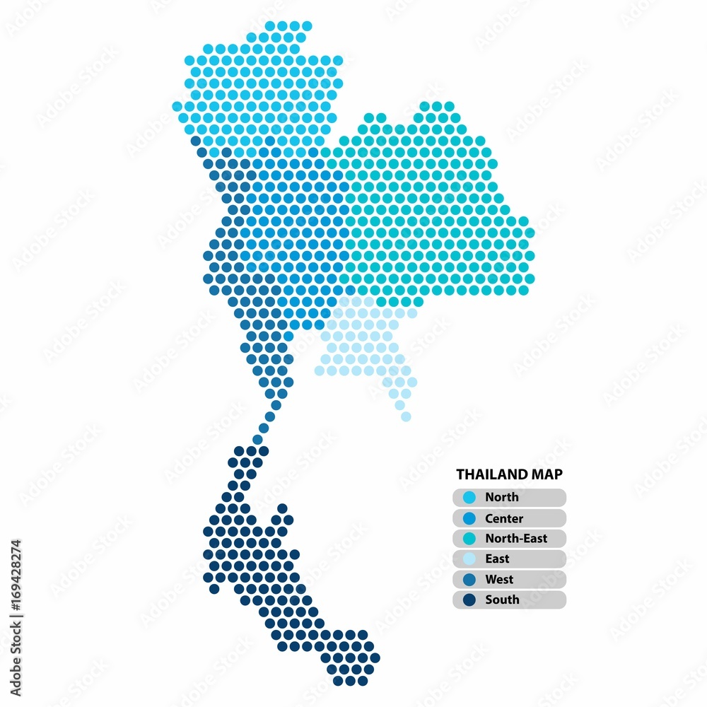 Thailand Map of Blue circle shape with the provinces colored in bright colors on white background. Vector illustration dotted style.