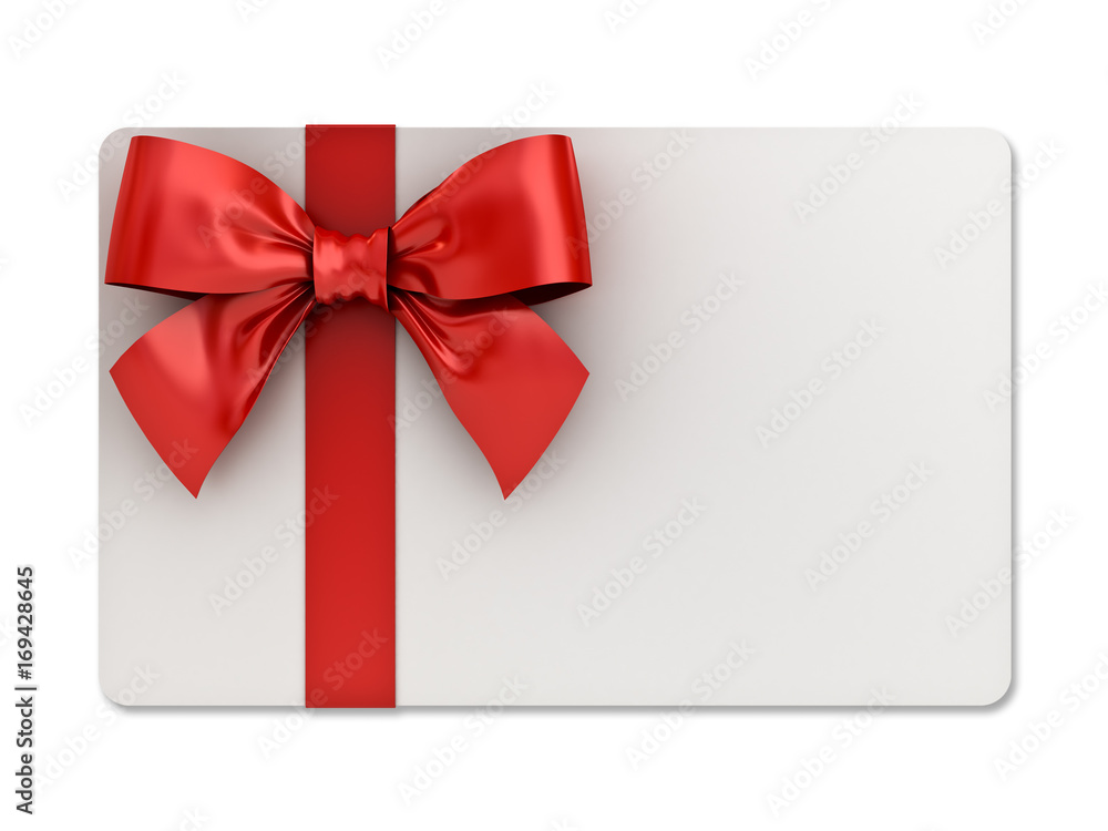 Blank gift card with red ribbons and bow isolated on white background with shadow . 3D rendering. Blank gift card with red ribbons and bow isolated on white background with shadow . 3D rendering.