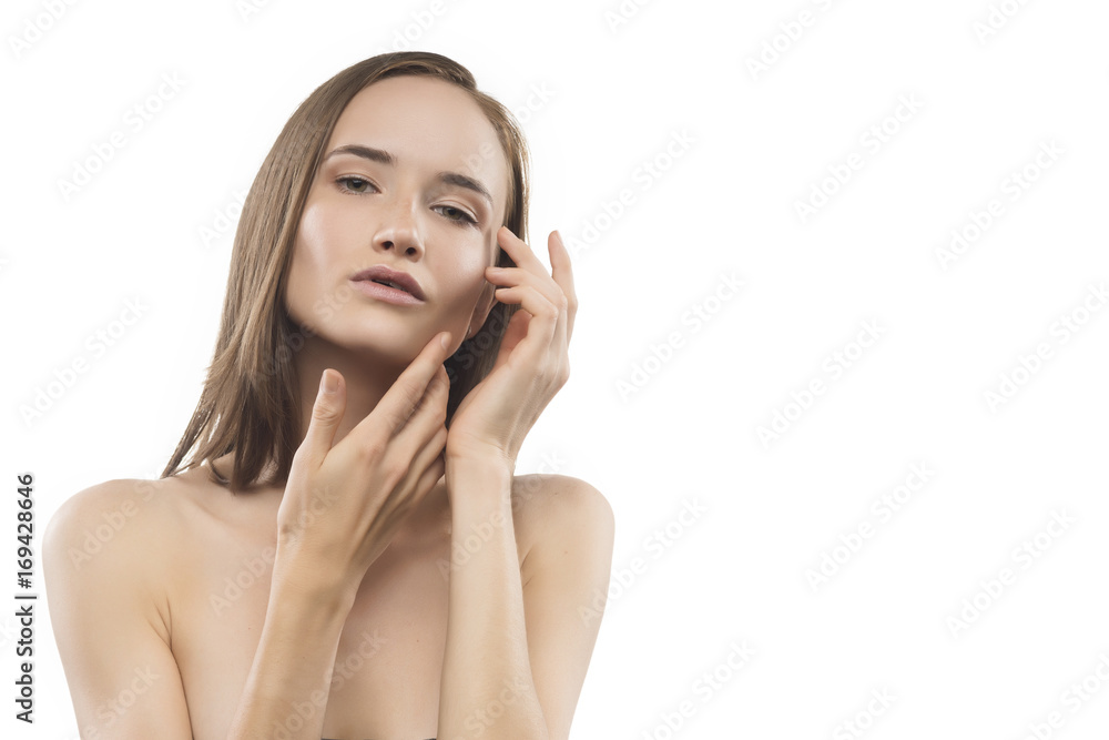 Girl beauty portrait with copy space on white Girl beauty portrait with copy space on white
