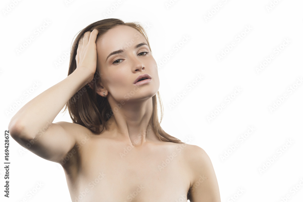 Obraz premium Girl beauty portrait with copy space on white