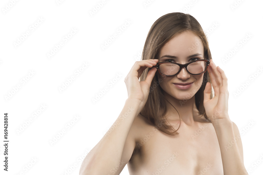 Attractive sexy woman wearing fashionable glasses on white Attractive sexy woman wearing fashionable glasses on white