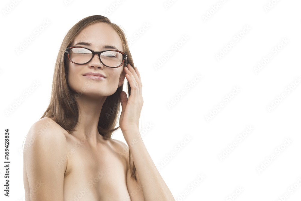 Attractive sexy woman wearing fashionable glasses on white