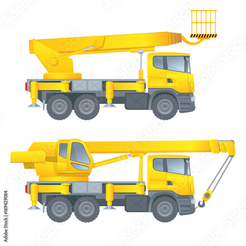Construction machinery. Truck crane. Car cradle. Aerial platform.  Vector illustration. White background.