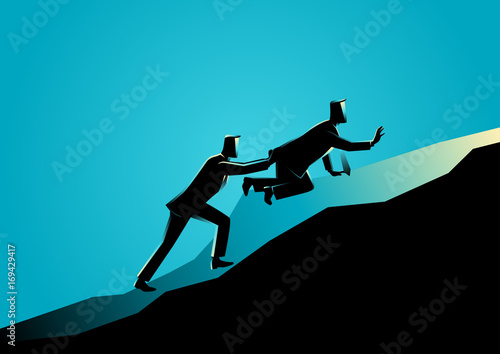 Man pushing his exhausted friend uphill