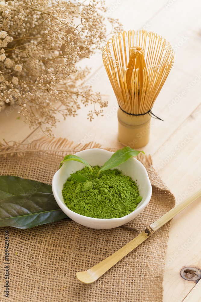 Set of matcha powder bowl, wooden spoon and whisk, green tea leaf, Organic Green Matcha Tea ceremony Set of matcha powder bowl, wooden spoon and whisk, green tea leaf, Organic Green Matcha Tea ceremony