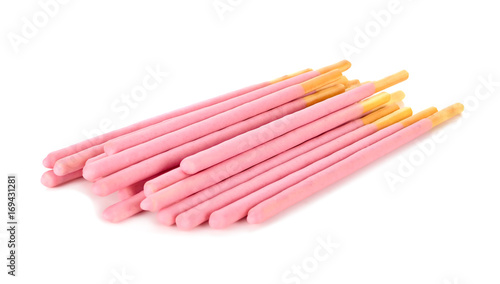 Japanese snack biscuit stick strawberry coated on white background © phongphiphat