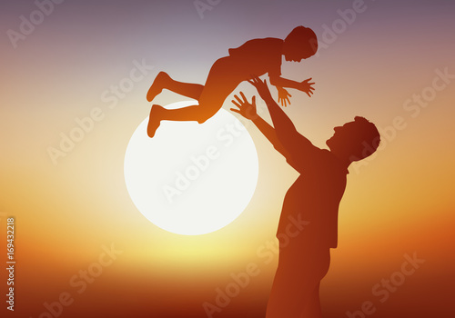 père - garçon - fils - enfant - homme - bonheur -jouant - coucher de soleil